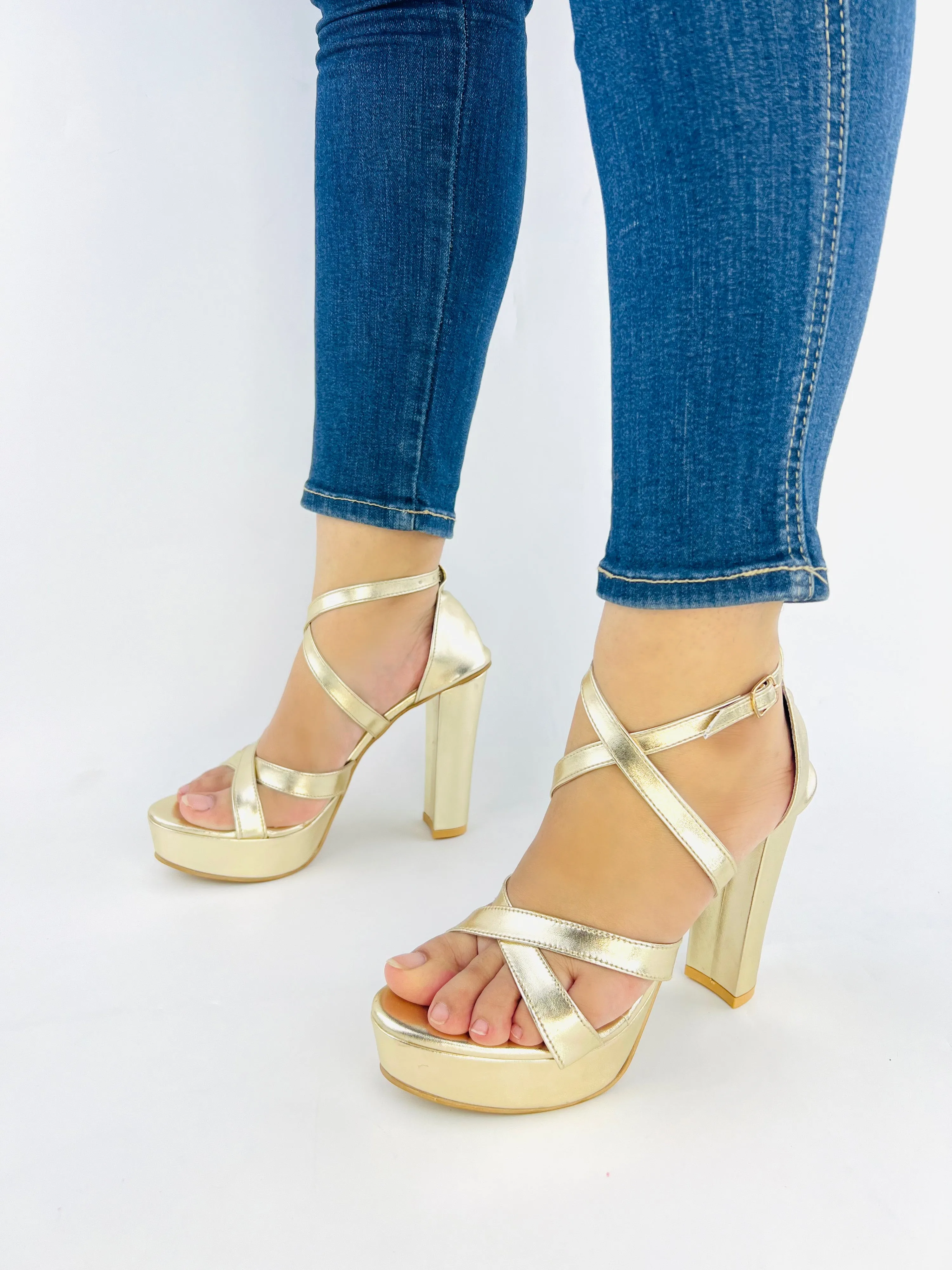 Spunkz Metallic Gold Platform Chunky Heeled Ankle Strap Sandals-11057