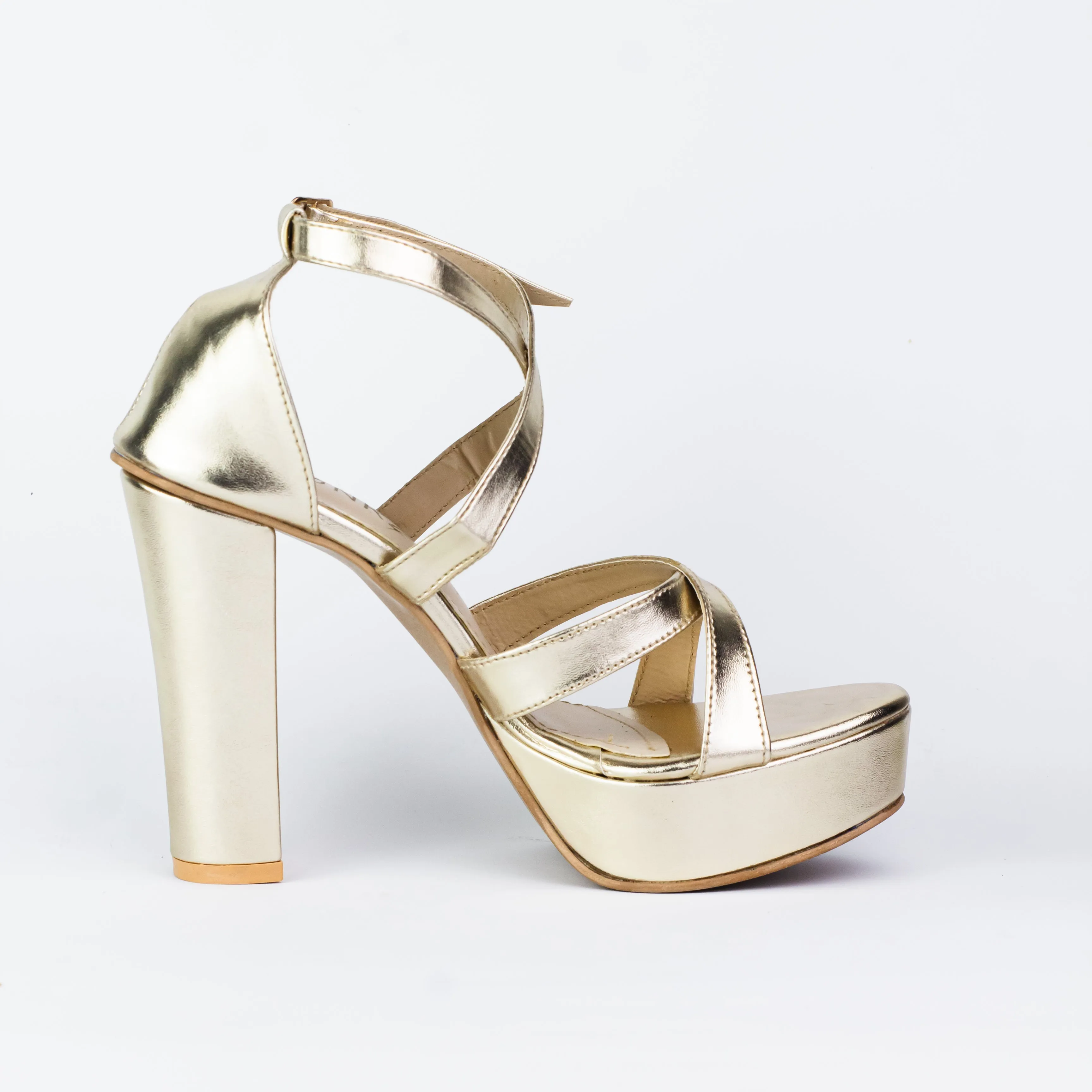 Spunkz Metallic Gold Platform Chunky Heeled Ankle Strap Sandals-11057