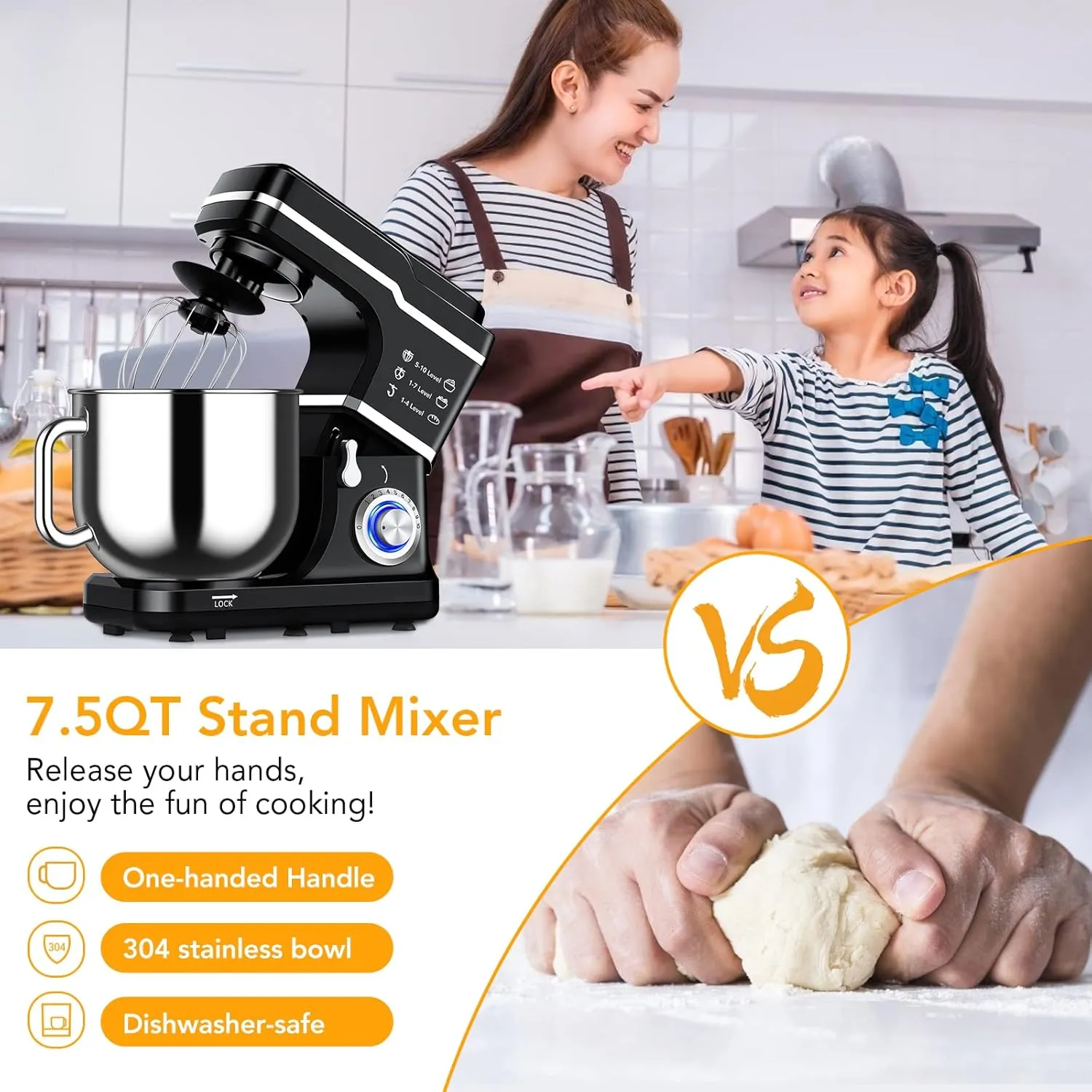 Stand Mixer 7.5QT Dough Mixer 10 Speeds Tilt-Head Food Mixer Electric Stand Mixer with Stainless Steel Bowl, Dough Hook, Egg Whisk, Flat Beater, Splash Guard 300W Cake Mixer Black (MC1)