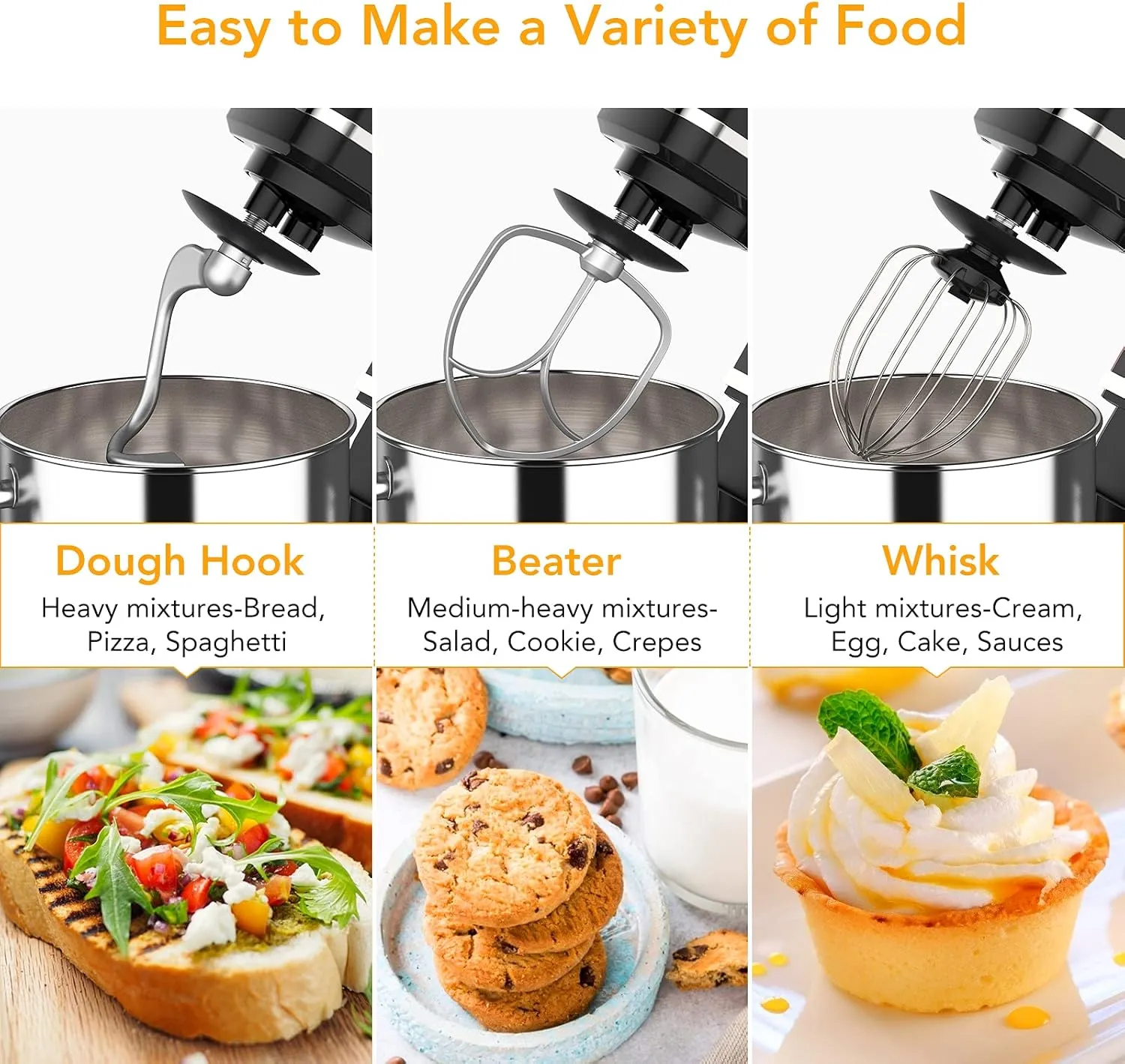 Stand Mixer 7.5QT Dough Mixer 10 Speeds Tilt-Head Food Mixer Electric Stand Mixer with Stainless Steel Bowl, Dough Hook, Egg Whisk, Flat Beater, Splash Guard 300W Cake Mixer Black (MC1)