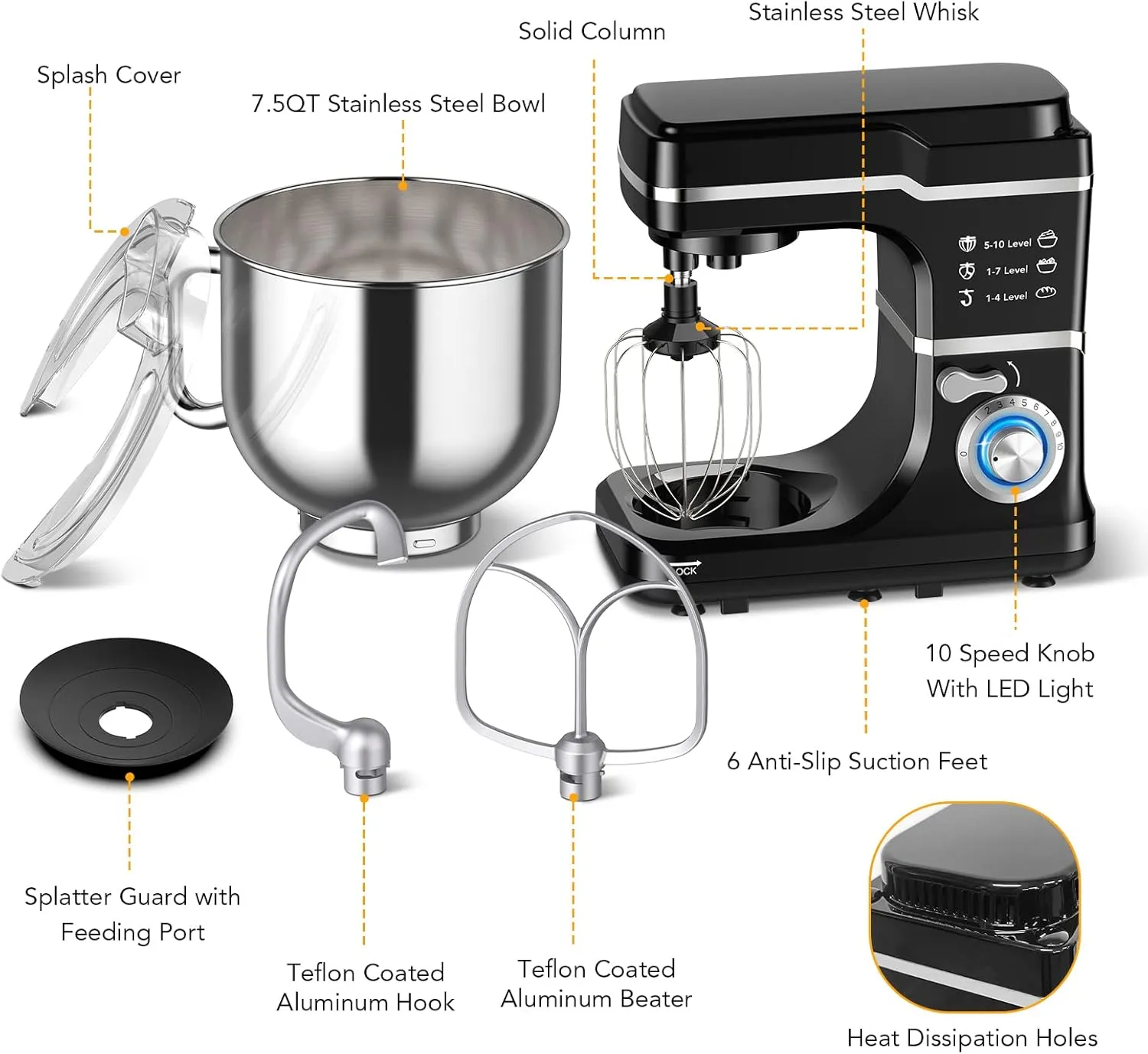 Stand Mixer 7.5QT Dough Mixer 10 Speeds Tilt-Head Food Mixer Electric Stand Mixer with Stainless Steel Bowl, Dough Hook, Egg Whisk, Flat Beater, Splash Guard 300W Cake Mixer Black (MC1)