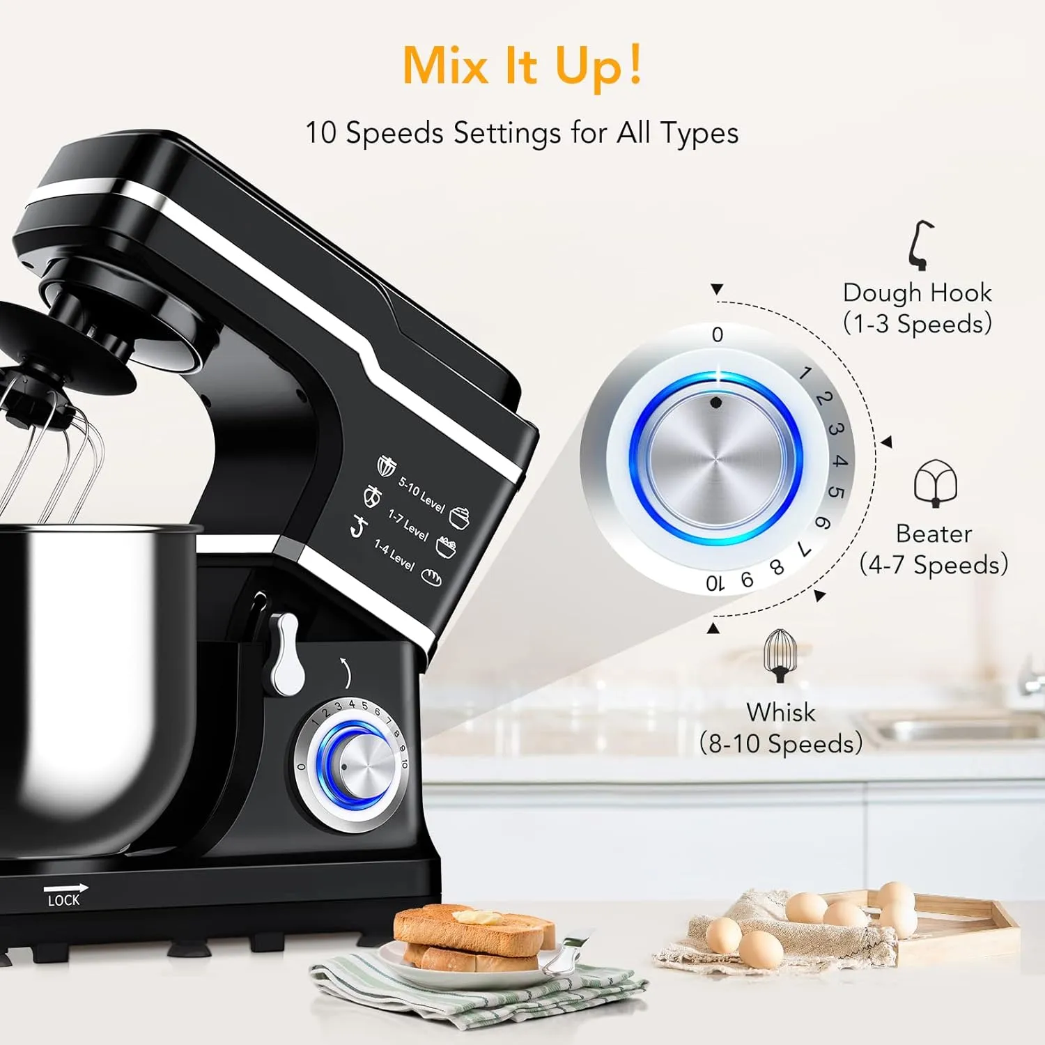 Stand Mixer 7.5QT Dough Mixer 10 Speeds Tilt-Head Food Mixer Electric Stand Mixer with Stainless Steel Bowl, Dough Hook, Egg Whisk, Flat Beater, Splash Guard 300W Cake Mixer Black (MC1)