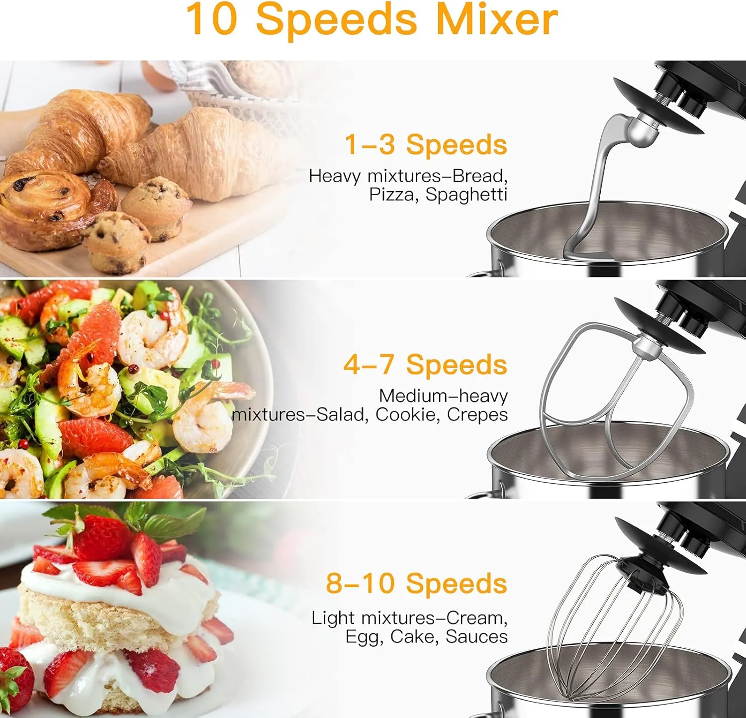 Stand Mixer 7.5QT Dough Mixer 10 Speeds Tilt-Head Food Mixer Electric Stand Mixer with Stainless Steel Bowl, Dough Hook, Egg Whisk, Flat Beater, Splash Guard 300W Cake Mixer Black (MC1)