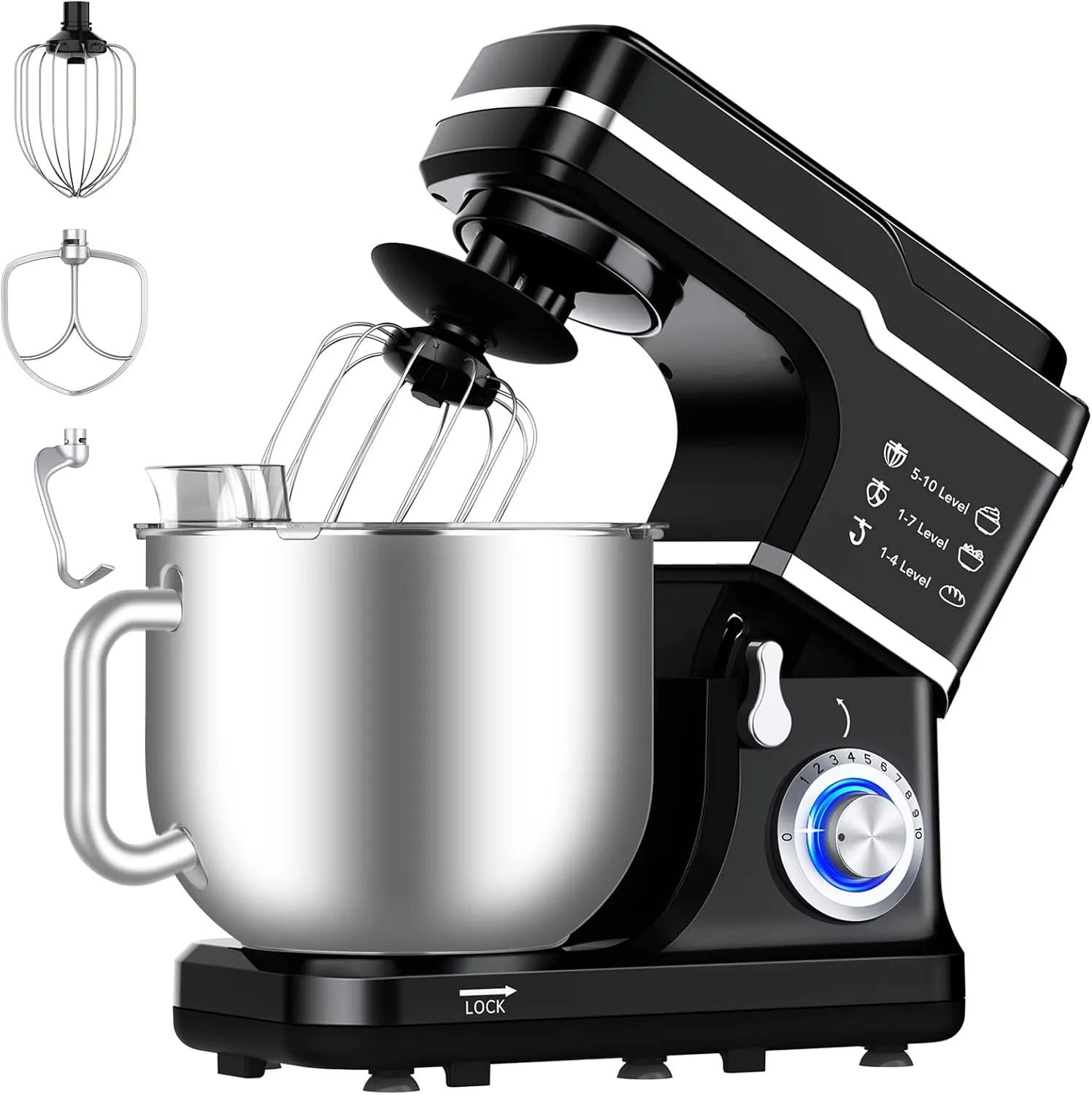 Stand Mixer 7.5QT Dough Mixer 10 Speeds Tilt-Head Food Mixer Electric Stand Mixer with Stainless Steel Bowl, Dough Hook, Egg Whisk, Flat Beater, Splash Guard 300W Cake Mixer Black (MC1)