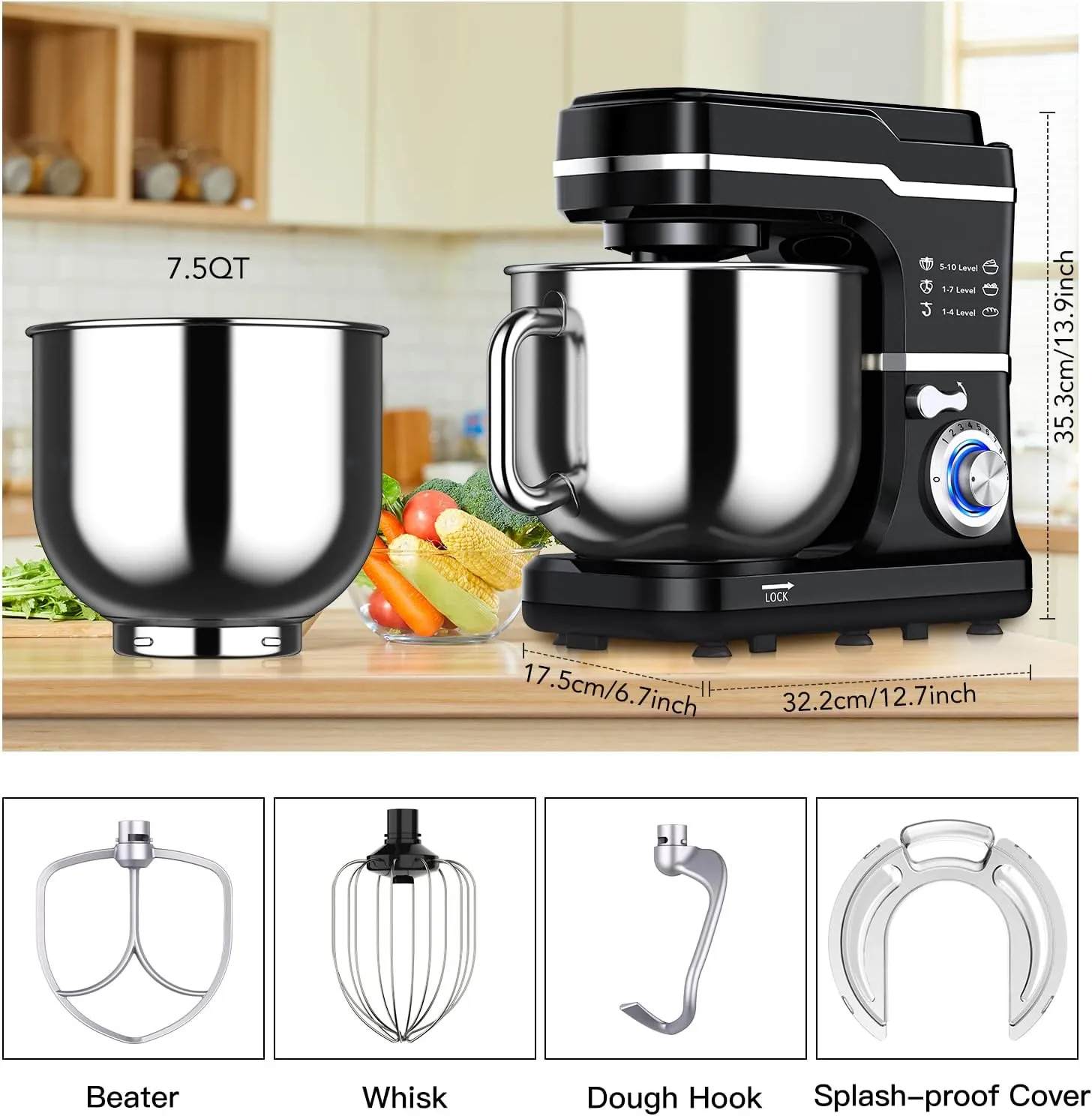 Stand Mixer 7.5QT Dough Mixer 10 Speeds Tilt-Head Food Mixer Electric Stand Mixer with Stainless Steel Bowl, Dough Hook, Egg Whisk, Flat Beater, Splash Guard 300W Cake Mixer Black (MC1)