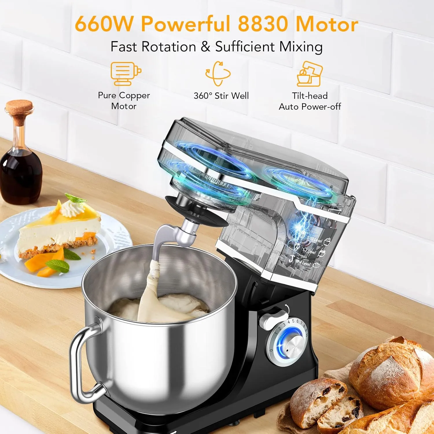 Stand Mixer 7.5QT Dough Mixer 10 Speeds Tilt-Head Food Mixer Electric Stand Mixer with Stainless Steel Bowl, Dough Hook, Egg Whisk, Flat Beater, Splash Guard 300W Cake Mixer Black (MC1)