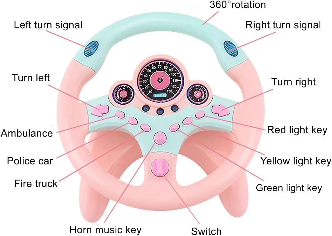 Steering Wheel Toy with Lights Music, Simulated Driving for Toddlers Pretend Play Toy Adsorption Driving Wheel for Kids (Style 1)