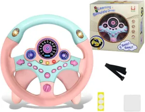 Steering Wheel Toy with Lights Music, Simulated Driving for Toddlers Pretend Play Toy Adsorption Driving Wheel for Kids (Style 1)