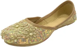 Stop n Style Gold Punjabi Juttis for Girls Mojari Toddler/Little Kid/Big Kid Party Flat Shoes Formal Beaded Jutti Girls Dress Slip on Juti