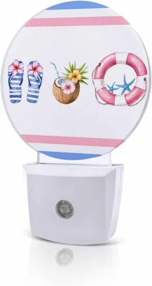 Summer Beach LED Night Light Plug Into Wall,Ocean Coastal Slippers Stripes Coconut Night Light for Kids Soft Night Dusk to Dawn Sensor Nightlight for Bedroom Bathroom Nursery Hallway Kitchen