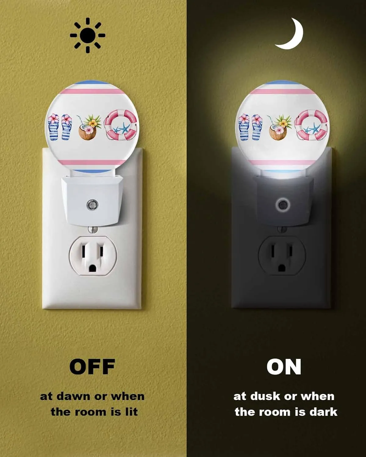 Summer Beach LED Night Light Plug Into Wall,Ocean Coastal Slippers Stripes Coconut Night Light for Kids Soft Night Dusk to Dawn Sensor Nightlight for Bedroom Bathroom Nursery Hallway Kitchen