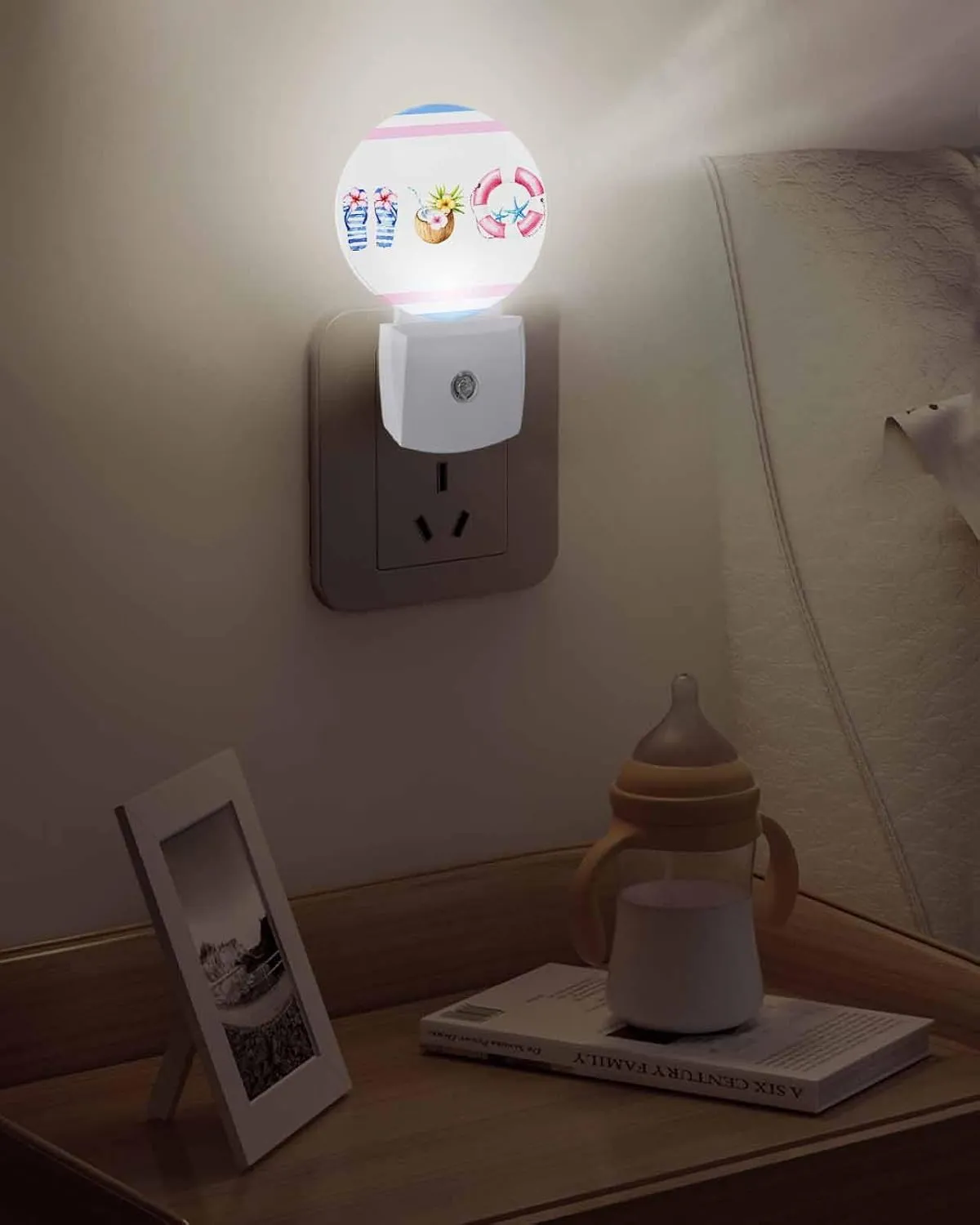 Summer Beach LED Night Light Plug Into Wall,Ocean Coastal Slippers Stripes Coconut Night Light for Kids Soft Night Dusk to Dawn Sensor Nightlight for Bedroom Bathroom Nursery Hallway Kitchen