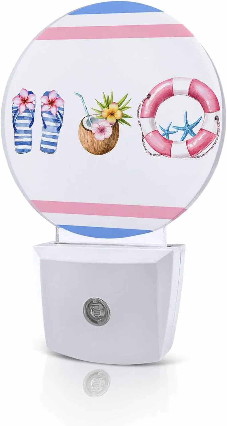 Summer Beach LED Night Light Plug Into Wall,Ocean Coastal Slippers Stripes Coconut Night Light for Kids Soft Night Dusk to Dawn Sensor Nightlight for Bedroom Bathroom Nursery Hallway Kitchen