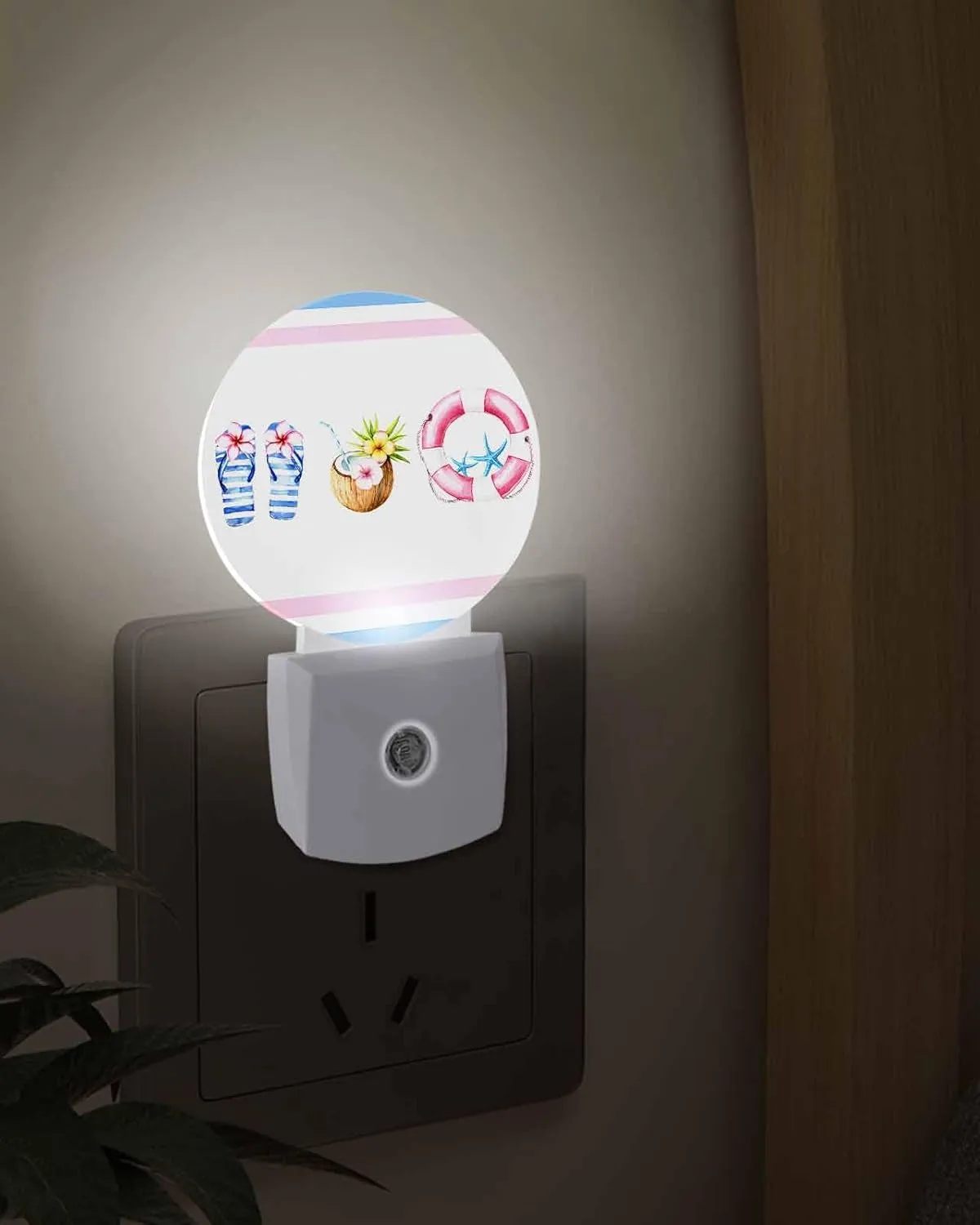 Summer Beach LED Night Light Plug Into Wall,Ocean Coastal Slippers Stripes Coconut Night Light for Kids Soft Night Dusk to Dawn Sensor Nightlight for Bedroom Bathroom Nursery Hallway Kitchen