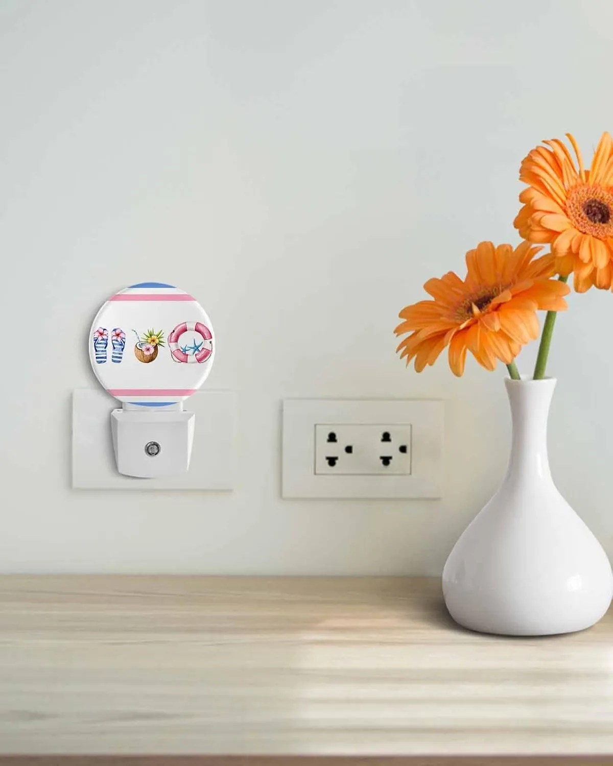 Summer Beach LED Night Light Plug Into Wall,Ocean Coastal Slippers Stripes Coconut Night Light for Kids Soft Night Dusk to Dawn Sensor Nightlight for Bedroom Bathroom Nursery Hallway Kitchen