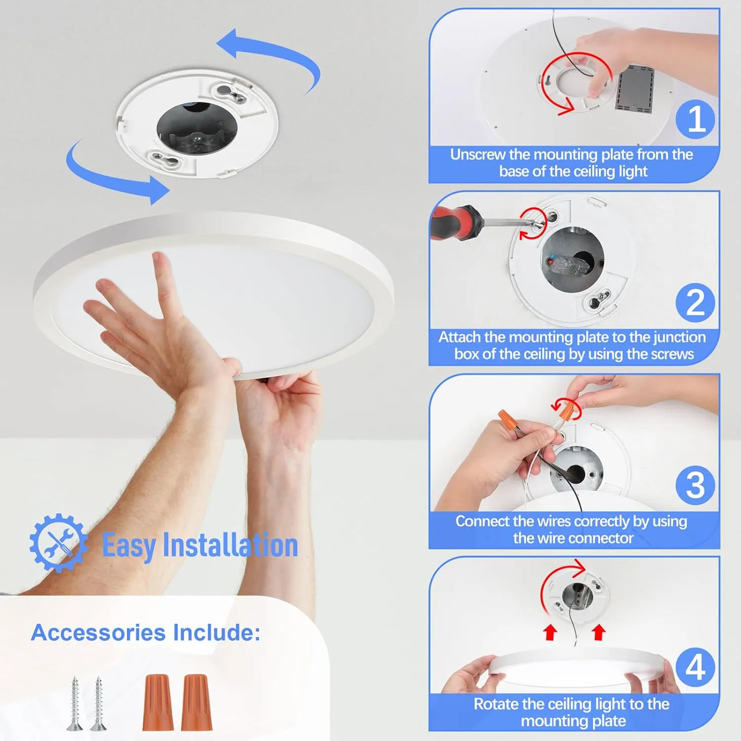 SunRider LED Flush Mount Ceiling Light Fixture, 6000K Cool White, 2400LM, 12 Inch 24W Modern Round Flat Lights, 240W Equiv. Panel Lamp, Non-Dimmable