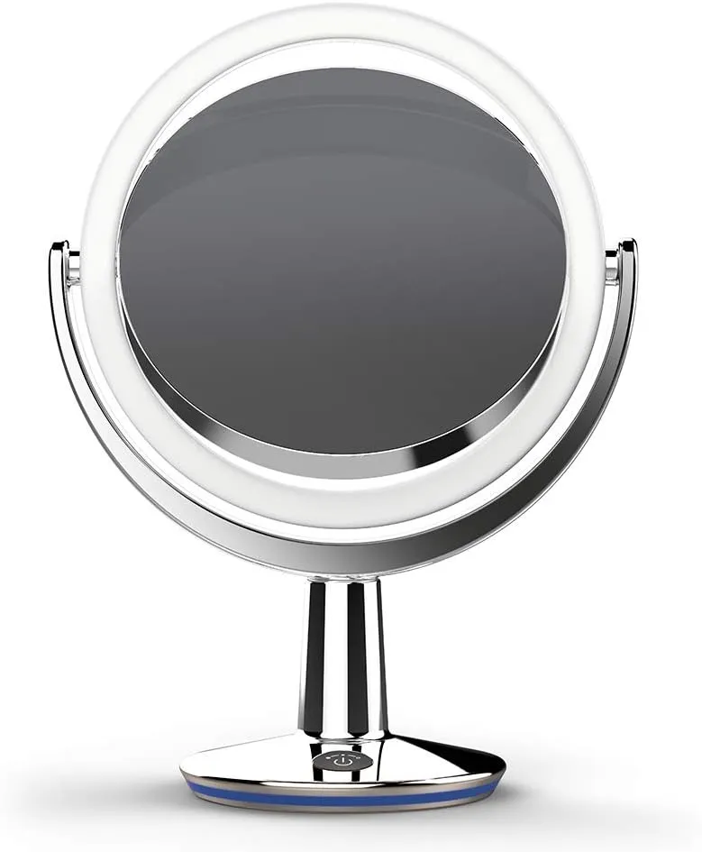 SuperGlow 9" Round Shaped Dual-Sided Lighted Makeup Mirror, 1X/5X Magnifying Vanity Mirror, Brightness 1000Lux, 360 Degree Rotating Adjustable Brightness Mirror, Brushed Nickel Finish