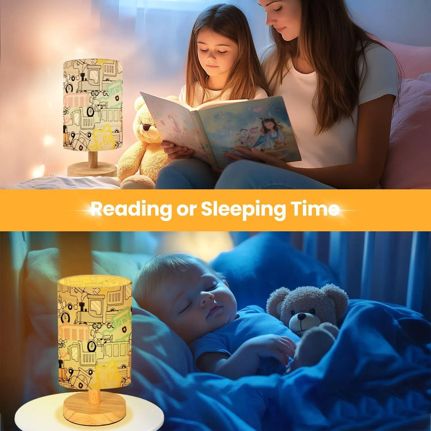 Table Lamp for Bedroom Seamless Pattern Vehicles Cartoon Beside Lamp Home Decor Night Light for Bedroom Office Dorm Kids Living Room Decor