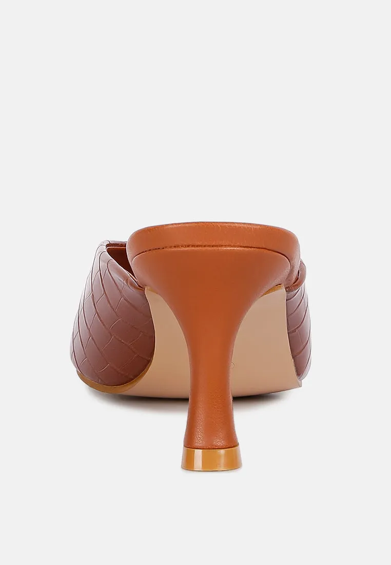 Tan Croc Kitten Heel Slider Sandals
