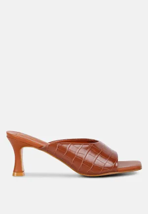 Tan Croc Kitten Heel Slider Sandals