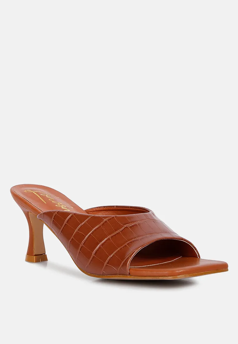 Tan Croc Kitten Heel Slider Sandals