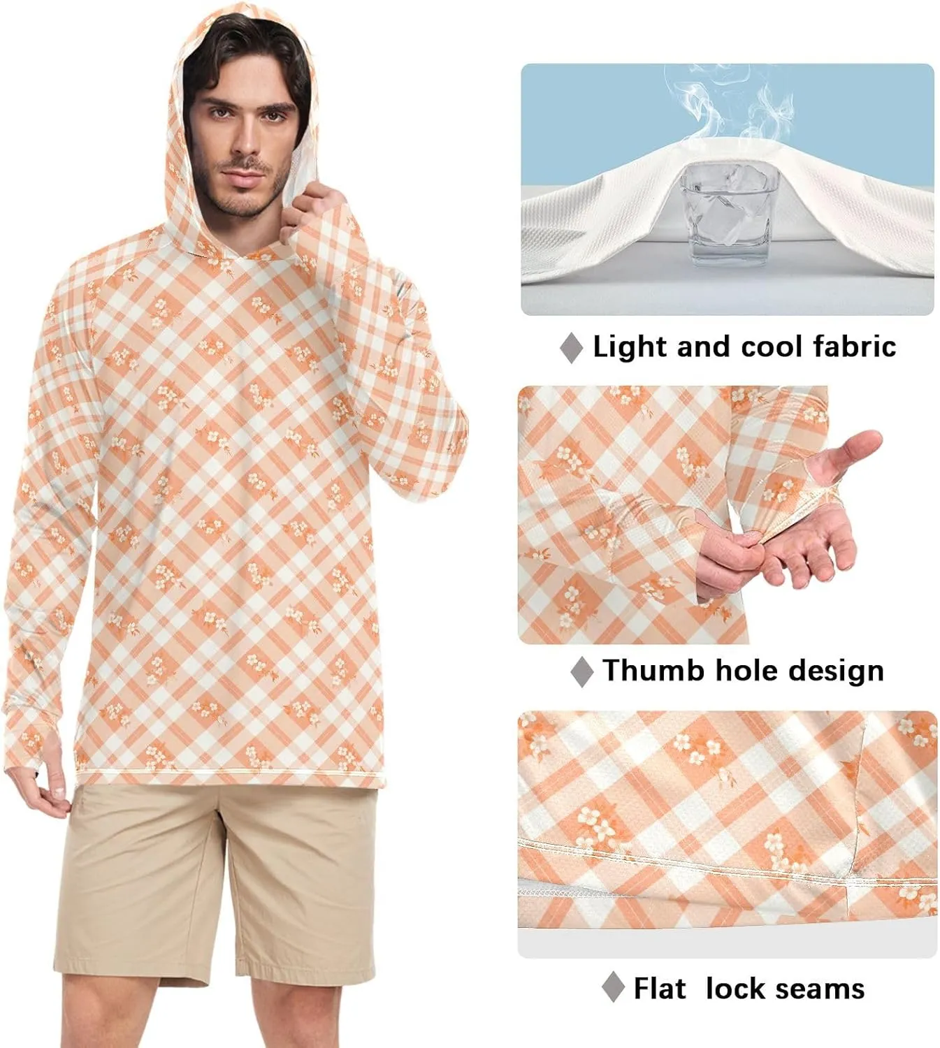 Tangerine Gingham Mens Hoodie Sun Protection Long Sleeve UPF 50   Mens Sun Shirts Sunproof Shirts Rash Guard Men