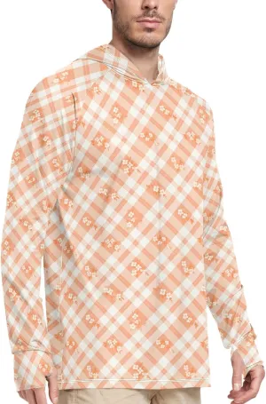 Tangerine Gingham Mens Hoodie Sun Protection Long Sleeve UPF 50   Mens Sun Shirts Sunproof Shirts Rash Guard Men