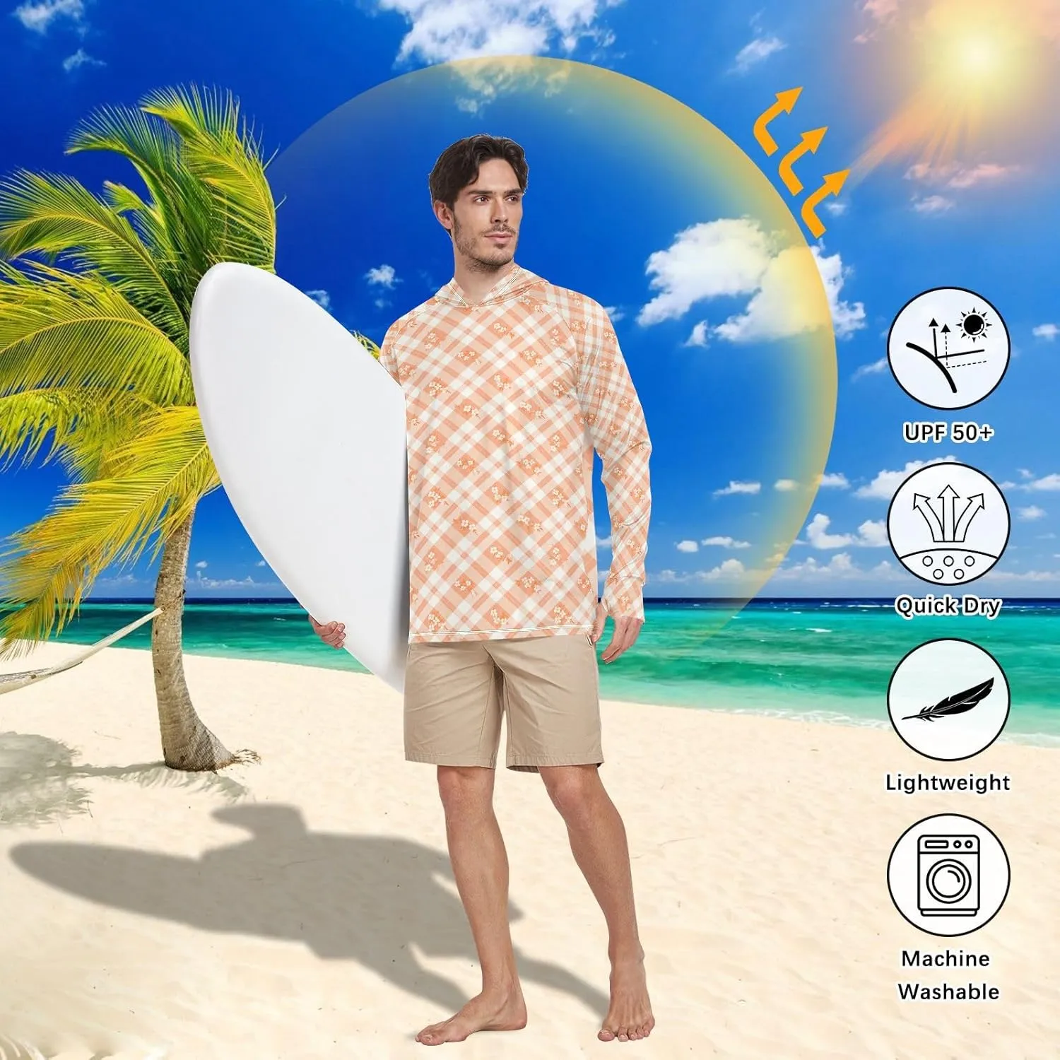 Tangerine Gingham Mens Hoodie Sun Protection Long Sleeve UPF 50   Mens Sun Shirts Sunproof Shirts Rash Guard Men