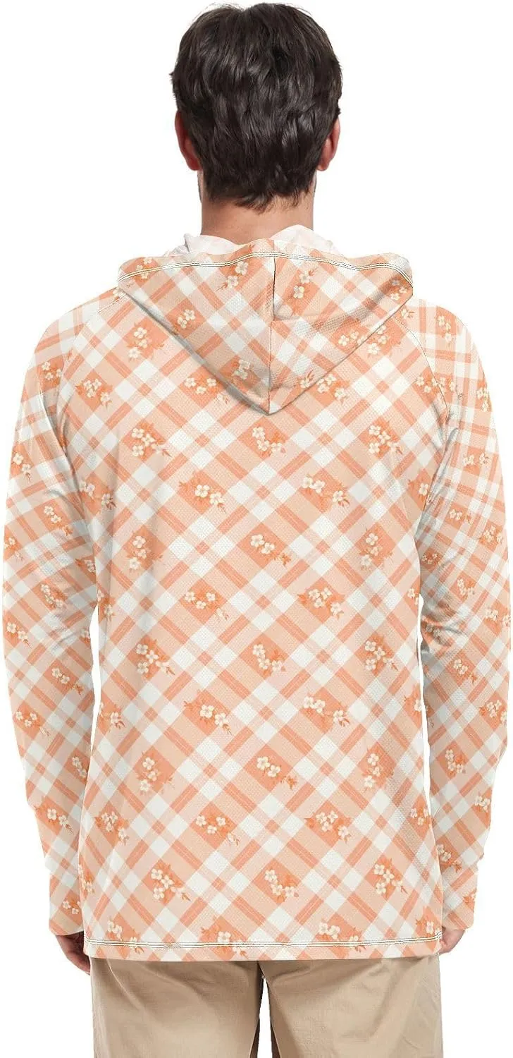 Tangerine Gingham Mens Hoodie Sun Protection Long Sleeve UPF 50   Mens Sun Shirts Sunproof Shirts Rash Guard Men