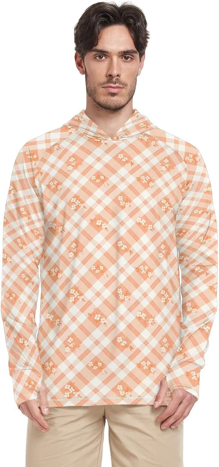 Tangerine Gingham Mens Hoodie Sun Protection Long Sleeve UPF 50   Mens Sun Shirts Sunproof Shirts Rash Guard Men