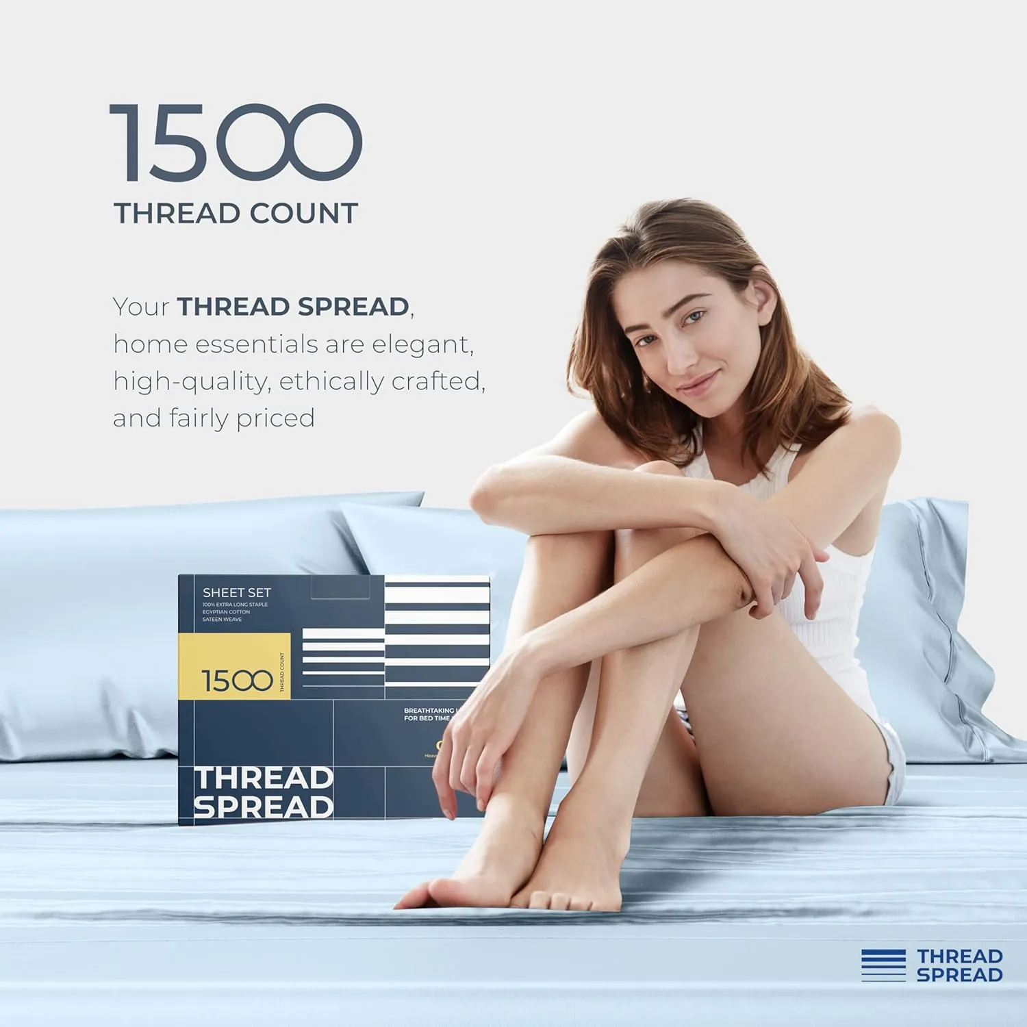 THREAD SPREAD 100% Egyptian Cotton King Size Sheets Set - Luxury 1500 Thread Count Egyptian Cotton Sheets King Size, 17" Deep Pocket, Soft, Cooling Sateen Weave Hotel Quality Bedding Set - Light Blue