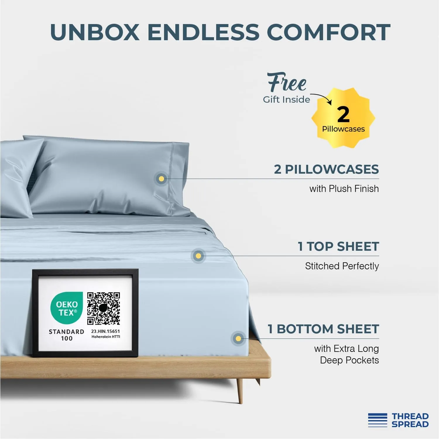 THREAD SPREAD 100% Egyptian Cotton King Size Sheets Set - Luxury 1500 Thread Count Egyptian Cotton Sheets King Size, 17" Deep Pocket, Soft, Cooling Sateen Weave Hotel Quality Bedding Set - Light Blue