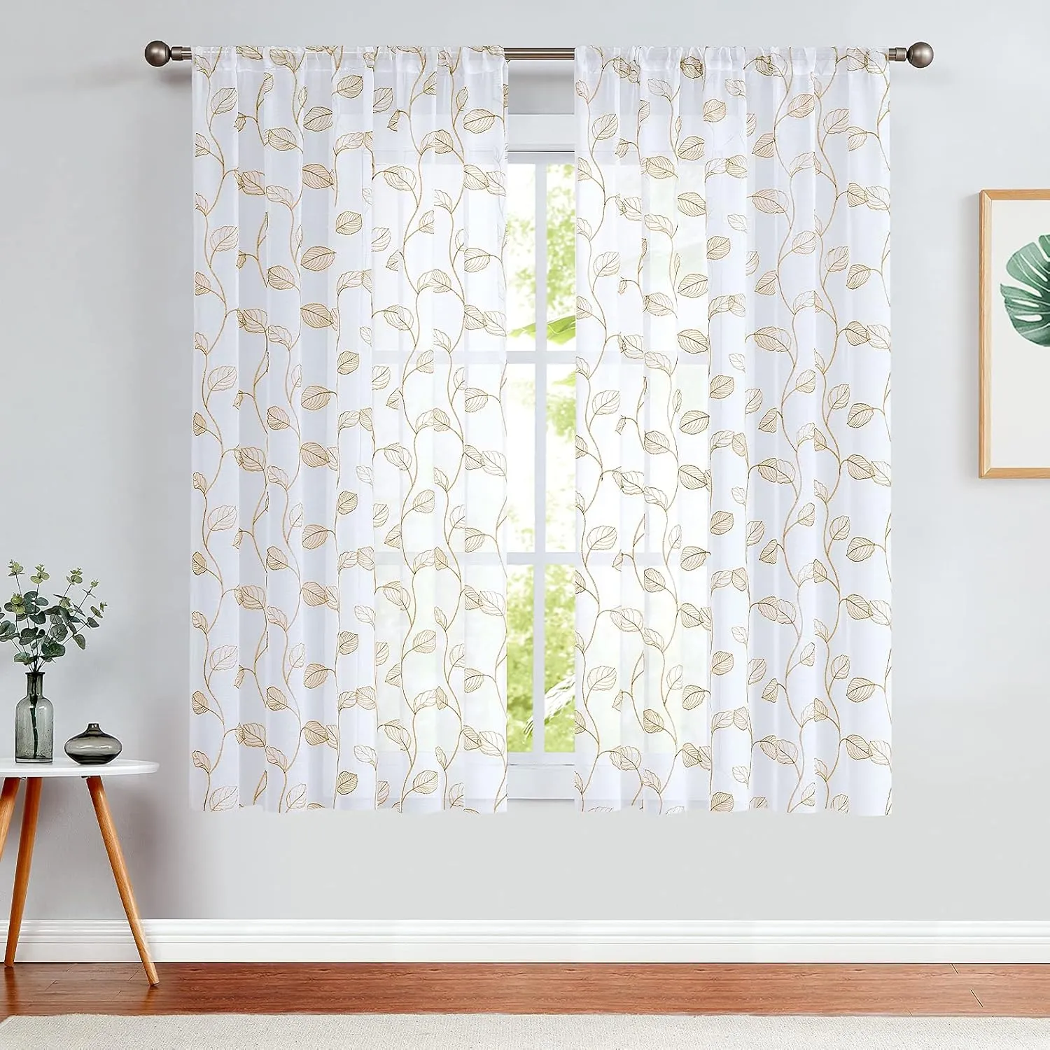 Topick Taupe Leaf Tile Sheer Curtains for Bedroom Leaf Embroidery Voile Sheer Curtain Rod Pocket for Living Room Window Treatment Set 63 inch 1 Pair