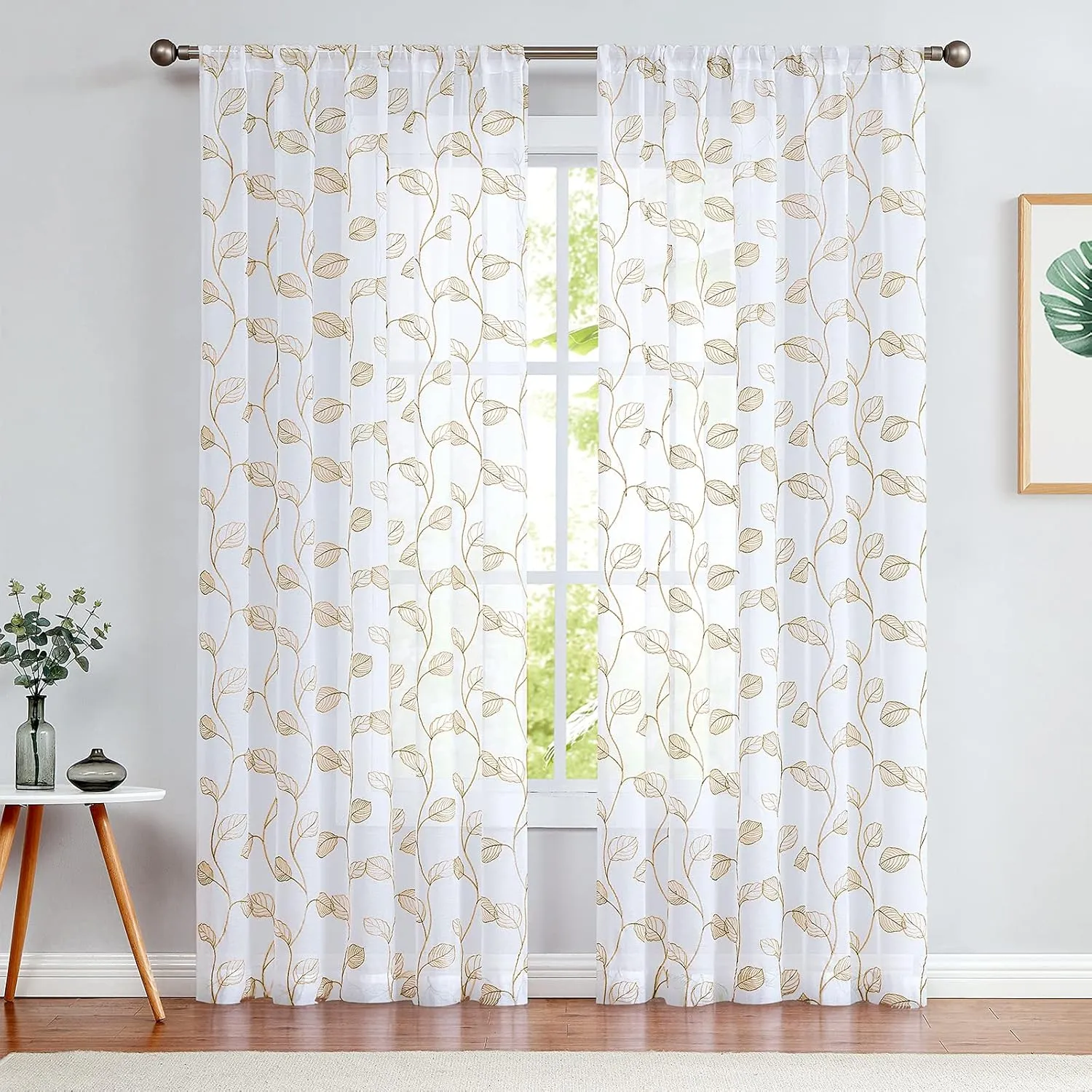 Topick Taupe Leaf Tile Sheer Curtains for Bedroom Leaf Embroidery Voile Sheer Curtain Rod Pocket for Living Room Window Treatment Set 84 inch 1 Pair