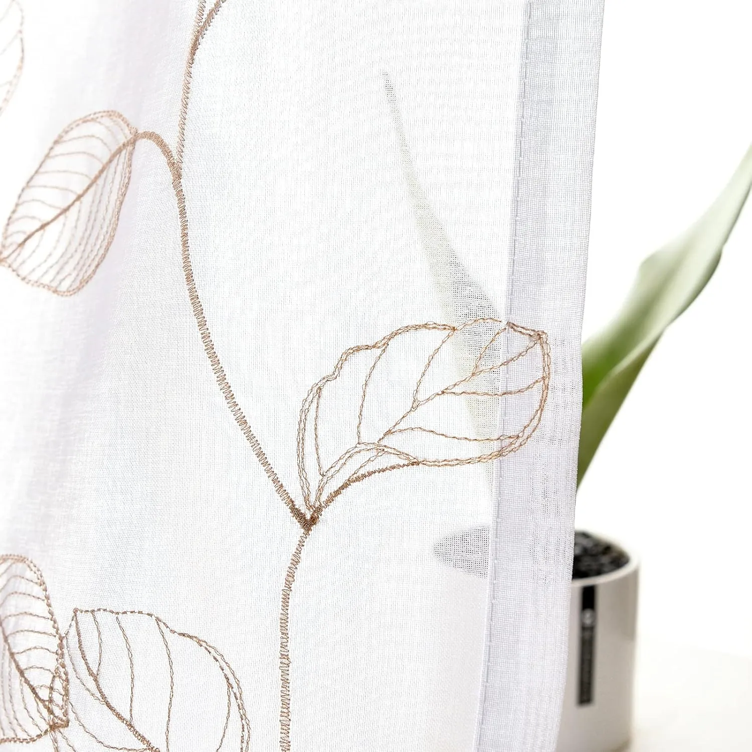 Topick Taupe Leaf Tile Sheer Curtains for Bedroom Leaf Embroidery Voile Sheer Curtain Rod Pocket for Living Room Window Treatment Set 84 inch 1 Pair