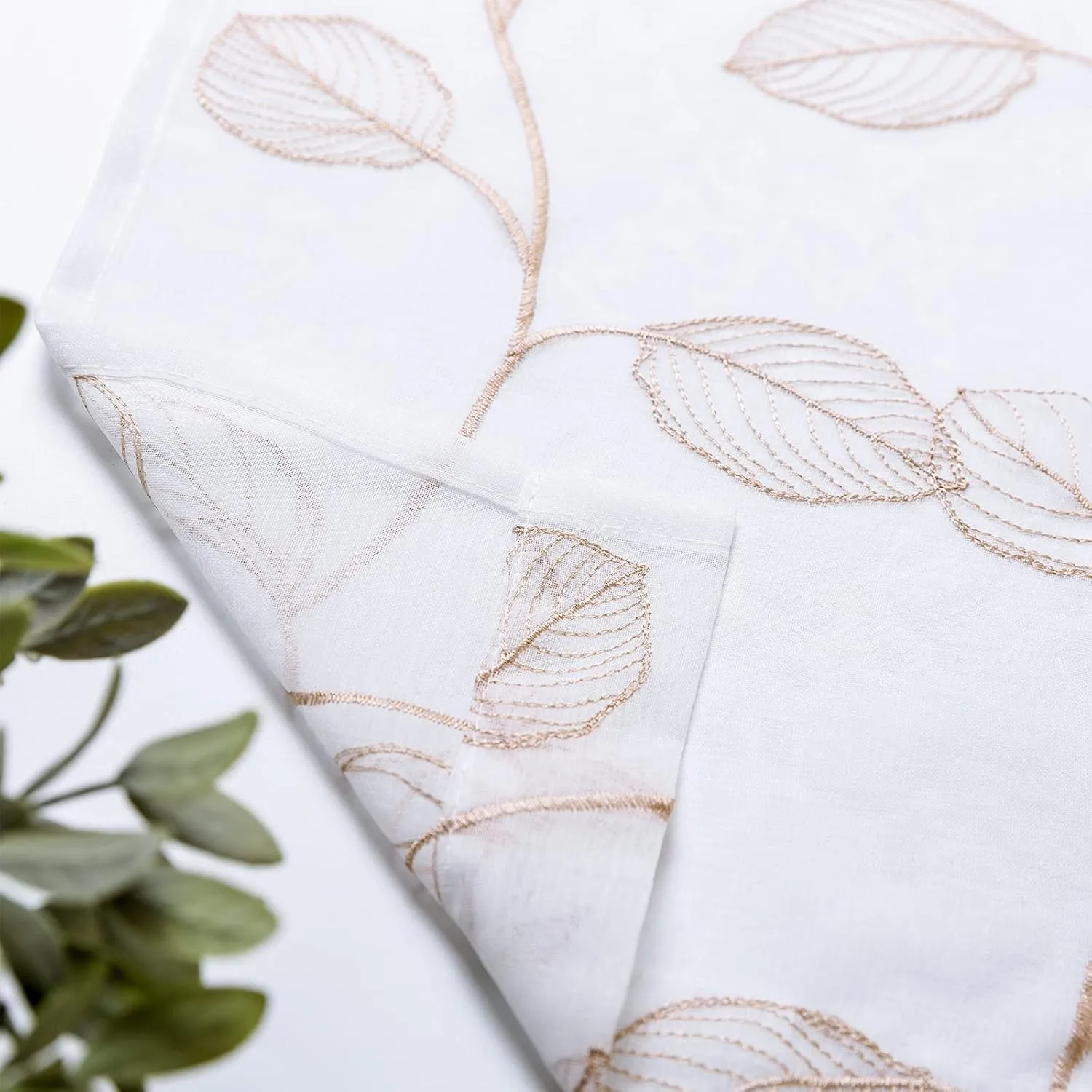 Topick Taupe Leaf Tile Sheer Curtains for Bedroom Leaf Embroidery Voile Sheer Curtain Rod Pocket for Living Room Window Treatment Set 84 inch 1 Pair