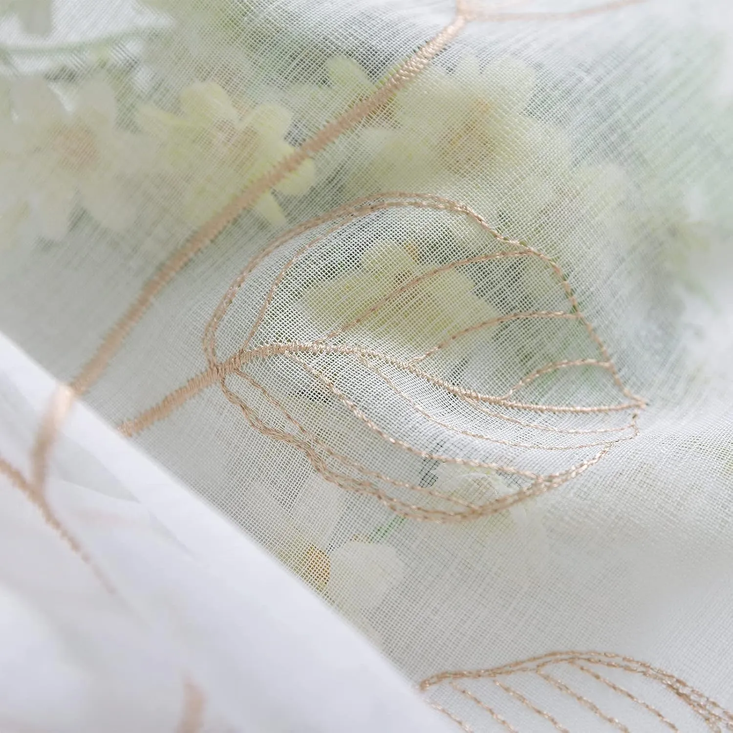 Topick Taupe Leaf Tile Sheer Curtains for Bedroom Leaf Embroidery Voile Sheer Curtain Rod Pocket for Living Room Window Treatment Set 84 inch 1 Pair