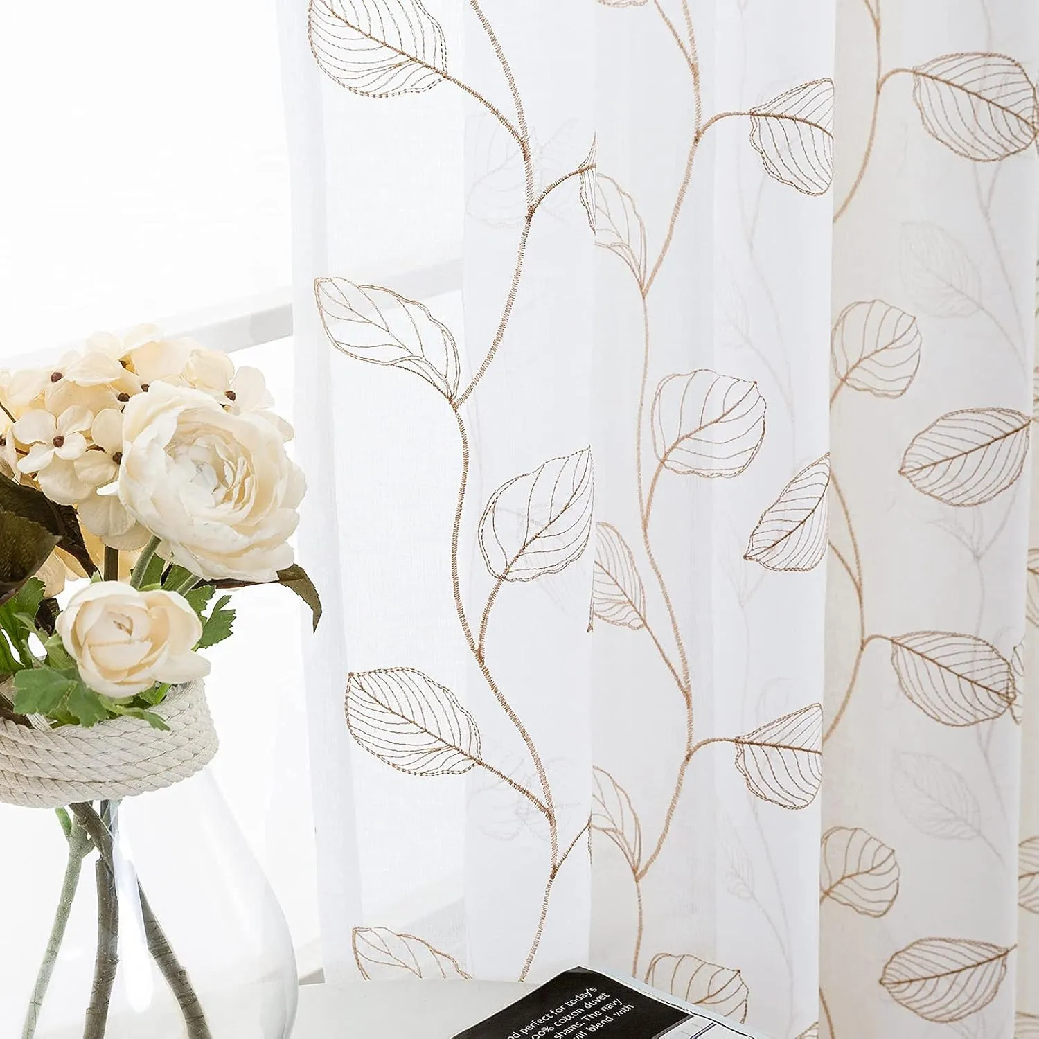 Topick Taupe Leaf Tile Sheer Curtains for Bedroom Leaf Embroidery Voile Sheer Curtain Rod Pocket for Living Room Window Treatment Set 84 inch 1 Pair