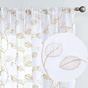 Topick Taupe Leaf Tile Sheer Curtains for Bedroom Leaf Embroidery Voile Sheer Curtain Rod Pocket for Living Room Window Treatment Set 84 inch 1 Pair
