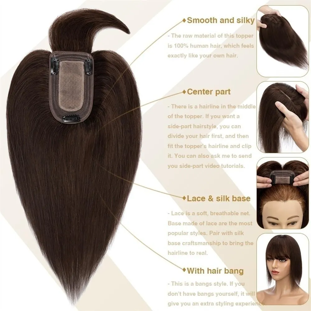 Toppers for Women Hair Toppers for Women 6"-18" Real Human Hair with Bangs, 7x12.5cm Silk Base Clip In Hair Extension 150% Densiny Indian Hair Straight Hair Pieces Hair Toppers(Bleach Blonde,14inches)