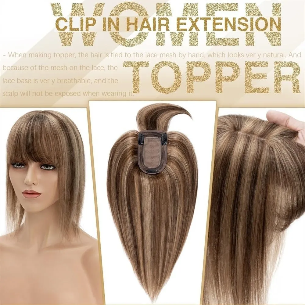 Toppers for Women Hair Toppers for Women 6"-18" Real Human Hair with Bangs, 7x12.5cm Silk Base Clip In Hair Extension 150% Densiny Indian Hair Straight Hair Pieces Hair Toppers(Bleach Blonde,14inches)