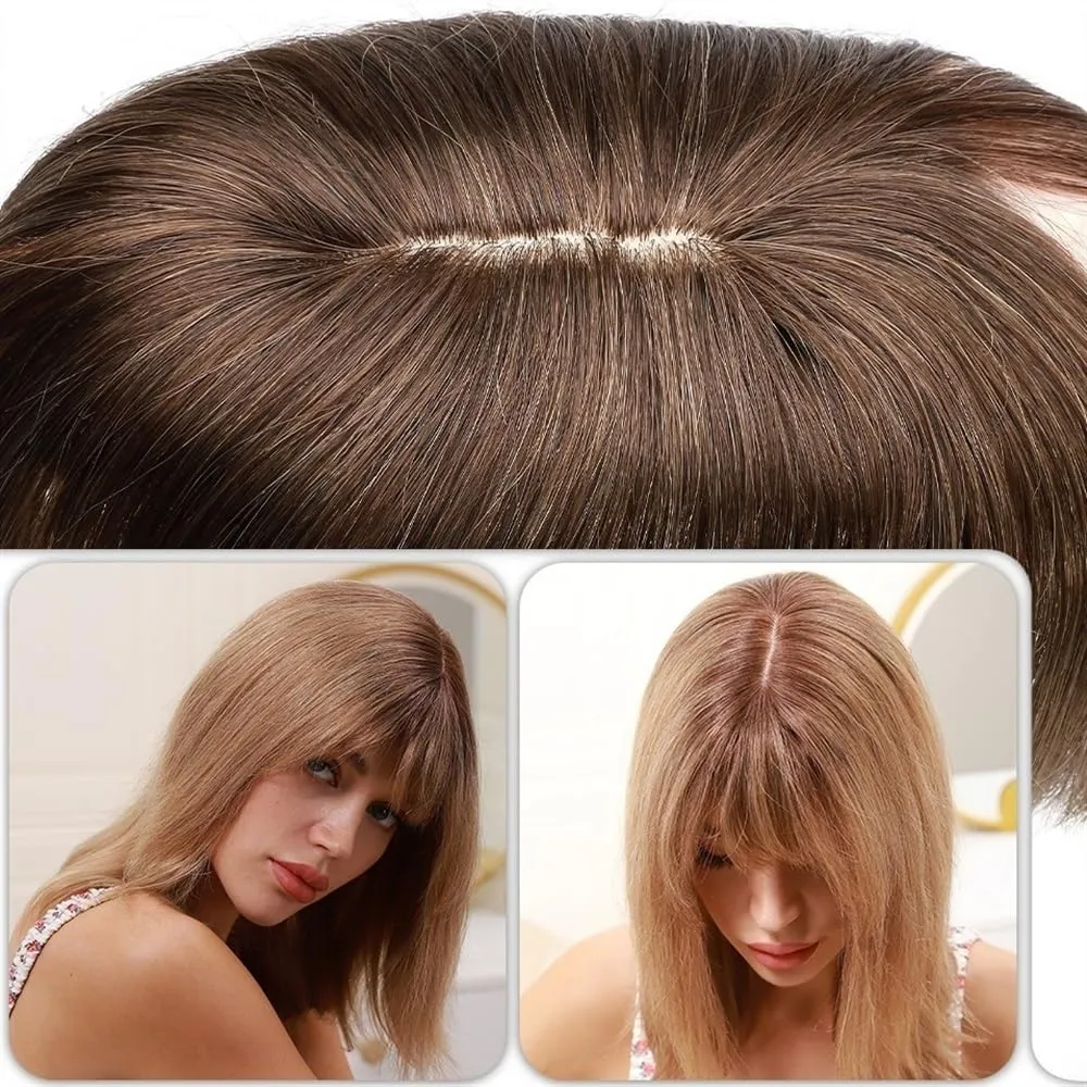 Toppers for Women Hair Toppers for Women 6"-18" Real Human Hair with Bangs, 7x12.5cm Silk Base Clip In Hair Extension 150% Densiny Indian Hair Straight Hair Pieces Hair Toppers(Bleach Blonde,14inches)