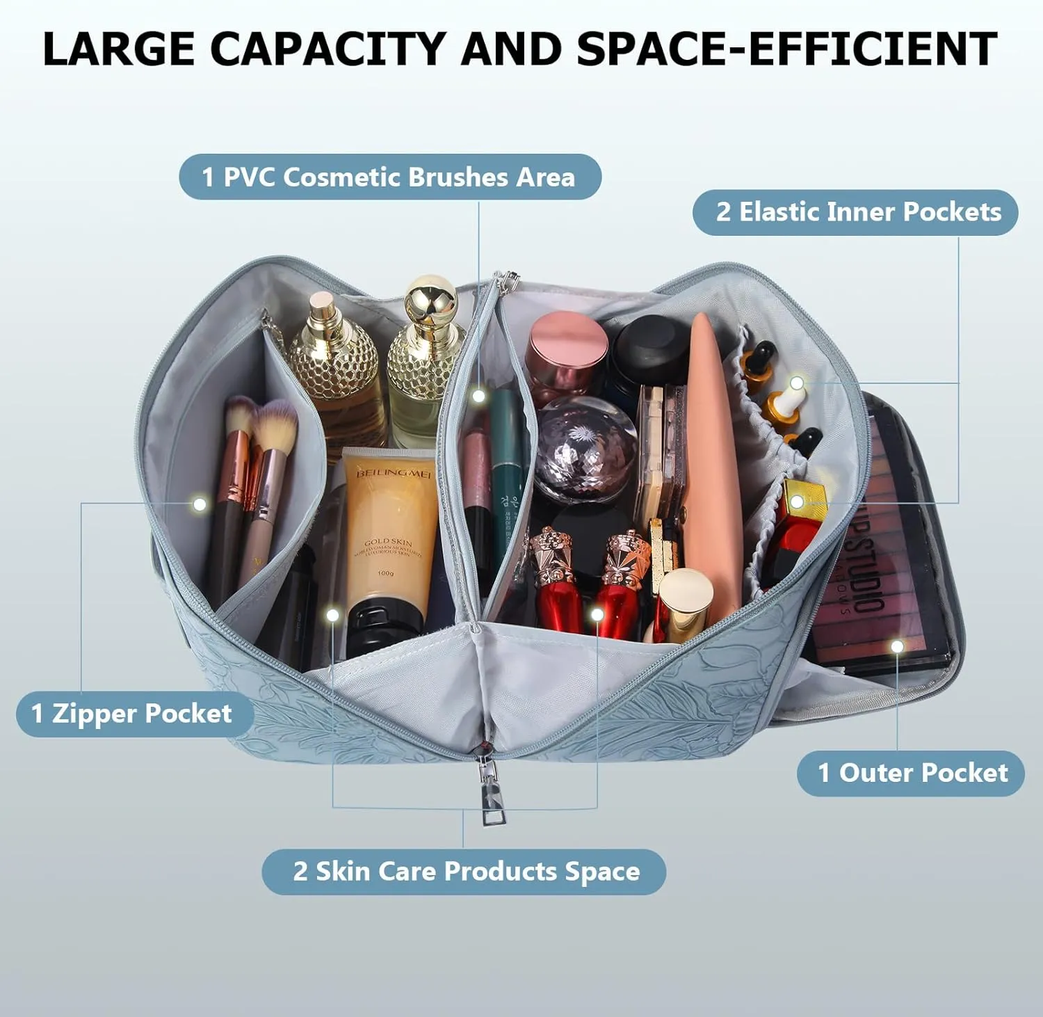 Travel Makeup Bag, Large Capacity Cosmetic Bags for Women, Waterproof Lining and PU Leather Portable Pouch, Open Flat Toiletry Bag, Make up Organizer with Divider & Handle (Light Blue)