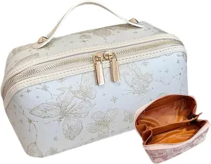 Travel Makeup Bag,Open Flat Toiletry Bag Make Up Organizer With Divider And Handle For Women(D)