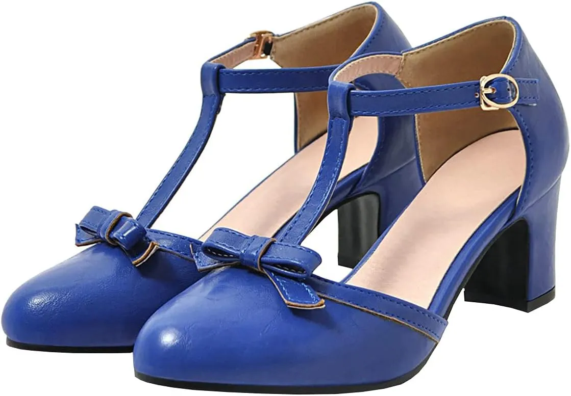 Trendenzy Womens T Strap Mary Jane Pumps Chunky High Heel Bowtie Dress Shoes