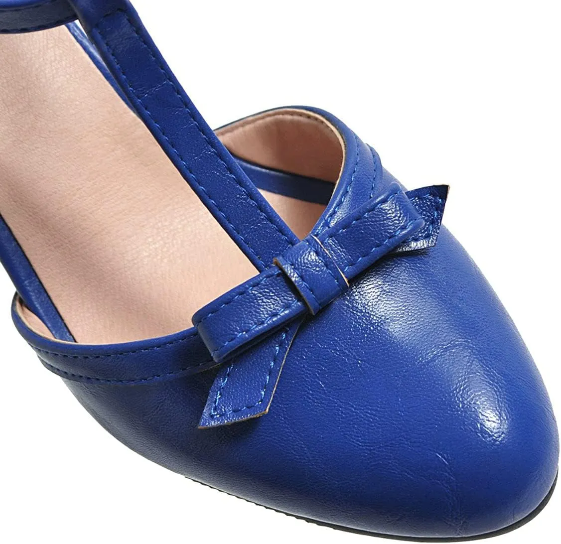 Trendenzy Womens T Strap Mary Jane Pumps Chunky High Heel Bowtie Dress Shoes