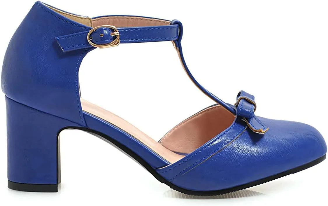 Trendenzy Womens T Strap Mary Jane Pumps Chunky High Heel Bowtie Dress Shoes