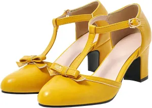 Trendenzy Womens T Strap Mary Jane Pumps Chunky High Heel Bowtie Dress Shoes