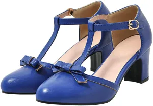 Trendenzy Womens T Strap Mary Jane Pumps Chunky High Heel Bowtie Dress Shoes