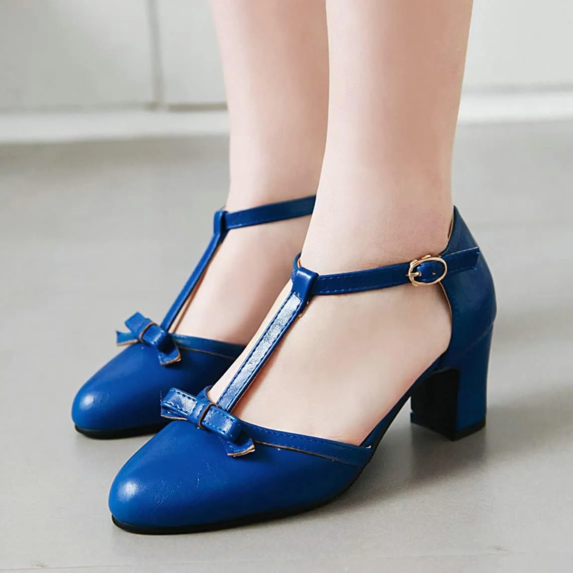 Trendenzy Womens T Strap Mary Jane Pumps Chunky High Heel Bowtie Dress Shoes